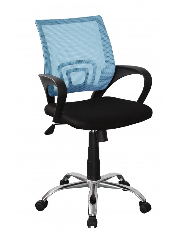 Core Loft study chair in blue mesh back, black fabric seat & chrome base 