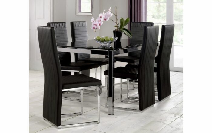 Tempo Black Glass Dining Table & 6 Faux Leather Chairs-2083