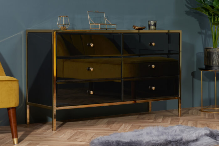 birlea Fenwick Black Glass & Gold 6 Drawer Chest-18160