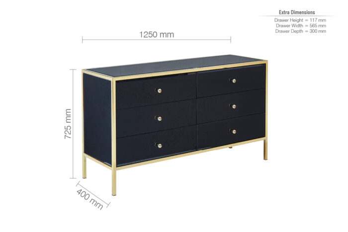 birlea Fenwick Black Glass & Gold 6 Drawer Chest-18159