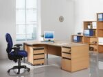 DAMS Contract 25 right hand ergonomic desk with 3 drawer silver pedestal and panel leg-11320