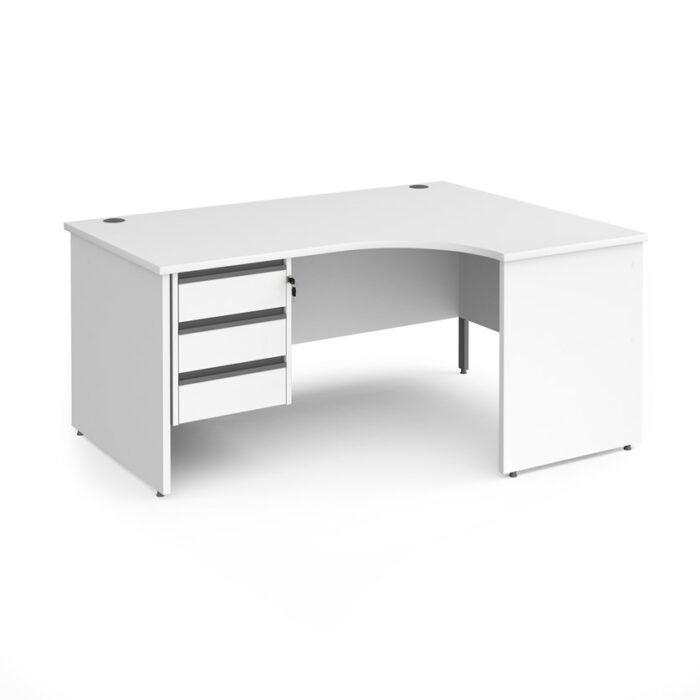 DAMS Contract 25 right hand ergonomic desk with 3 drawer silver pedestal and panel leg-0