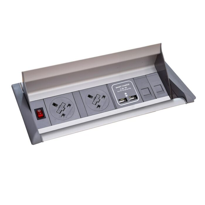 DAMS Aero fliptop in-table power module 2 x UK sockets, 2 x RJ45 sockets, 1 x twin USB fast charge - grey/silver-0