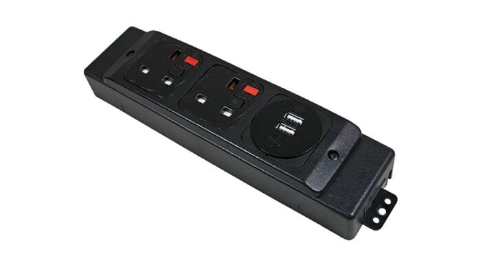DAMS Under desk power bar 2 x UK sockets, 1 x twin USB fast charge - black-0
