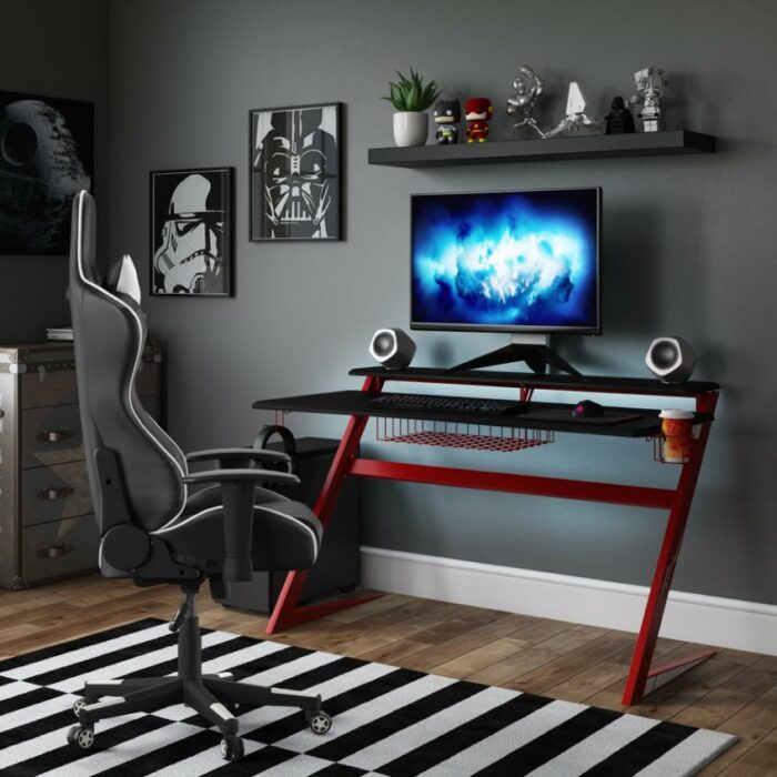 Alphason Aries Black & Red Carbon Fibre Effect Gaming Desk with storage-20058