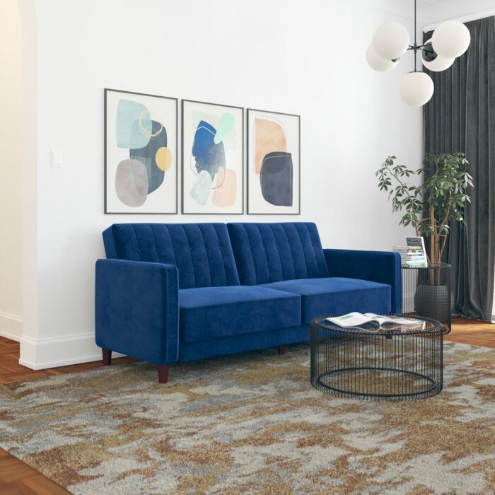 Dorel Pin Tufted Transitional Sofa Bed in Blue Velvet-21357
