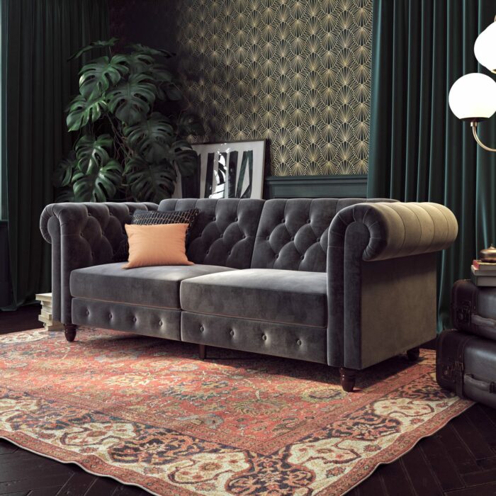 Dorel Felix Chesterfield Sofa Bed in Grey Velvet-21443