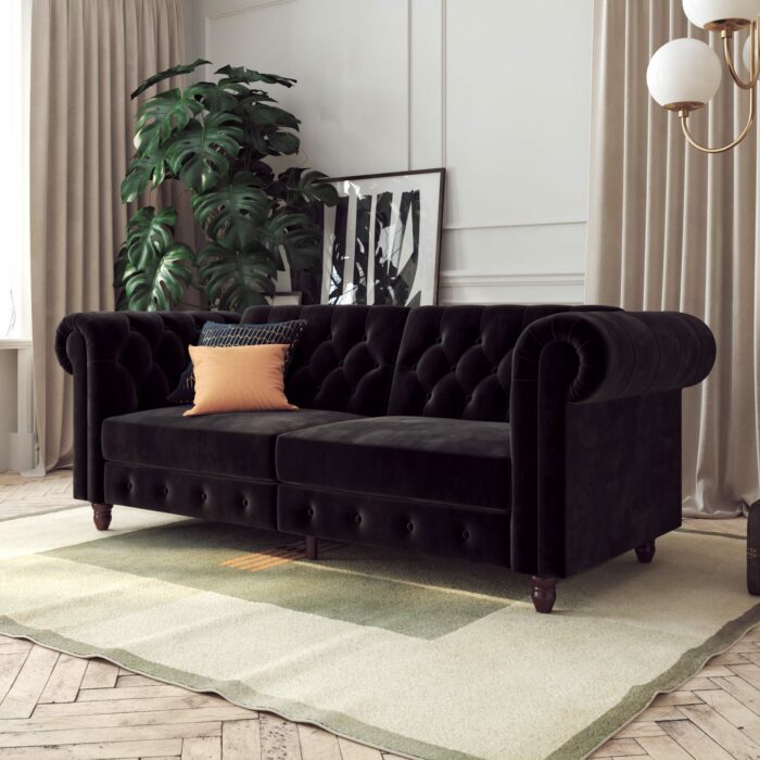 Dorel Felix Chesterfield Sofa Bed in Black Velvet-21513