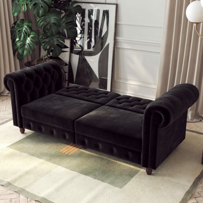 Dorel Felix Chesterfield Sofa Bed in Black Velvet-21514