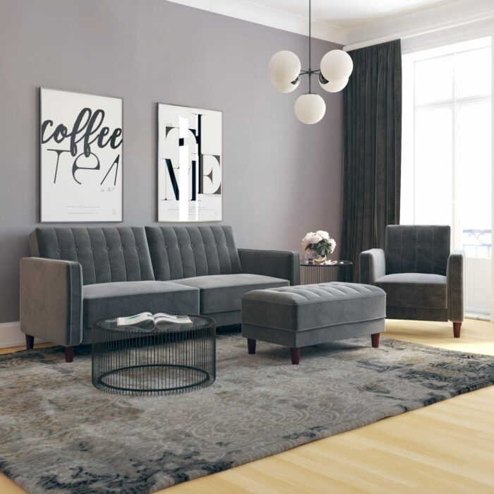 Dorel Pin Tufted Transitional Sofa Bed in Grey Velvet-21336