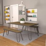 Novogratz Paulette Outdoor/Indoor 5' Table and Bench Set, Metal Frame Resin Wood Effect Top - charcoal-21930