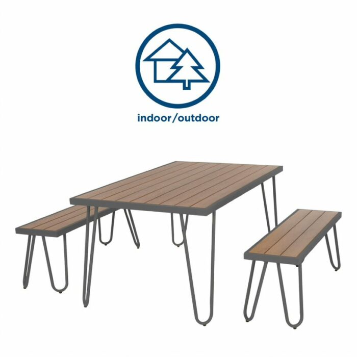 Novogratz Paulette Outdoor/Indoor 5' Table and Bench Set, Metal Frame Resin Wood Effect Top - charcoal-21927
