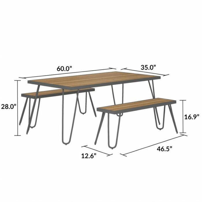 Novogratz Paulette Outdoor/Indoor 5' Table and Bench Set, Metal Frame Resin Wood Effect Top - charcoal-21928