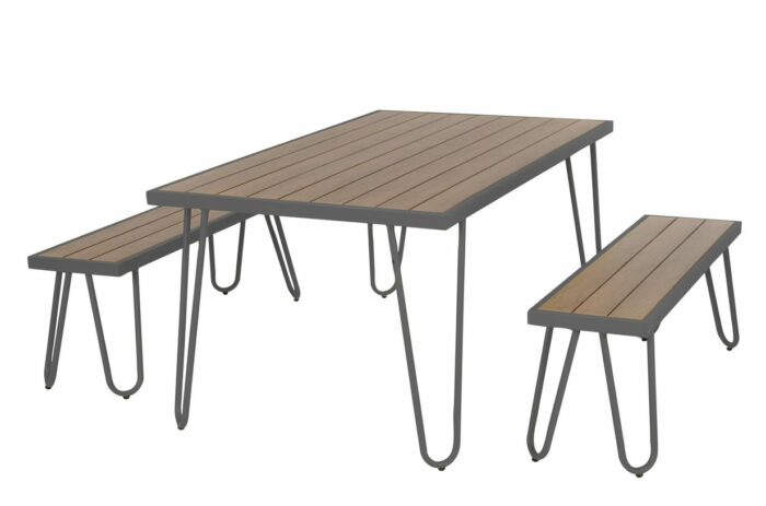 Novogratz Paulette Outdoor/Indoor 5' Table and Bench Set, Metal Frame Resin Wood Effect Top - charcoal-0