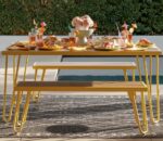 Novogratz Paulette Outdoor/Indoor 5' Table and Bench Set, Metal Frame Resin Wood Effect Top - Yellow-21942