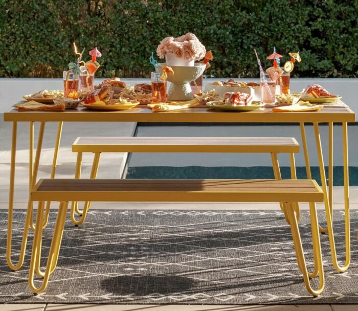 Novogratz Paulette Outdoor/Indoor 5' Table and Bench Set, Metal Frame Resin Wood Effect Top - Yellow-21942