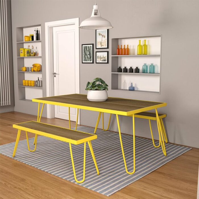 Novogratz Paulette Outdoor/Indoor 5' Table and Bench Set, Metal Frame Resin Wood Effect Top - Yellow-21941
