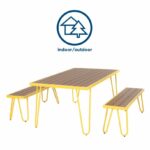 Novogratz Paulette Outdoor/Indoor 5' Table and Bench Set, Metal Frame Resin Wood Effect Top - Yellow-21940