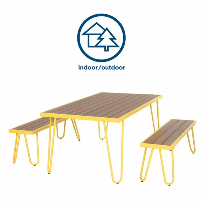 Novogratz Paulette Outdoor/Indoor 5' Table and Bench Set, Metal Frame Resin Wood Effect Top - Yellow-21940