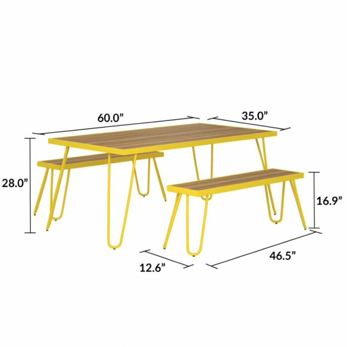 Novogratz Paulette Outdoor/Indoor 5' Table and Bench Set, Metal Frame Resin Wood Effect Top - Yellow-21938