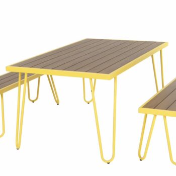 Novogratz Paulette Outdoor/Indoor 5' Table and Bench Set, Metal Frame Resin Wood Effect Top - Yellow-0