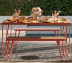 Novogratz Paulette Outdoor/Indoor 5' Table and Bench Set, Metal Frame Resin Wood Effect Top - Red-21953