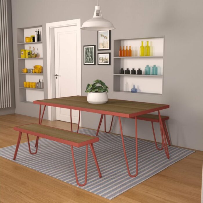 Novogratz Paulette Outdoor/Indoor 5' Table and Bench Set, Metal Frame Resin Wood Effect Top - Red-21952