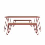 Novogratz Paulette Outdoor/Indoor 5' Table and Bench Set, Metal Frame Resin Wood Effect Top - Red-21949