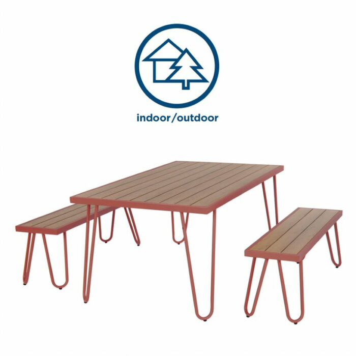 Novogratz Paulette Outdoor/Indoor 5' Table and Bench Set, Metal Frame Resin Wood Effect Top - Red-21950