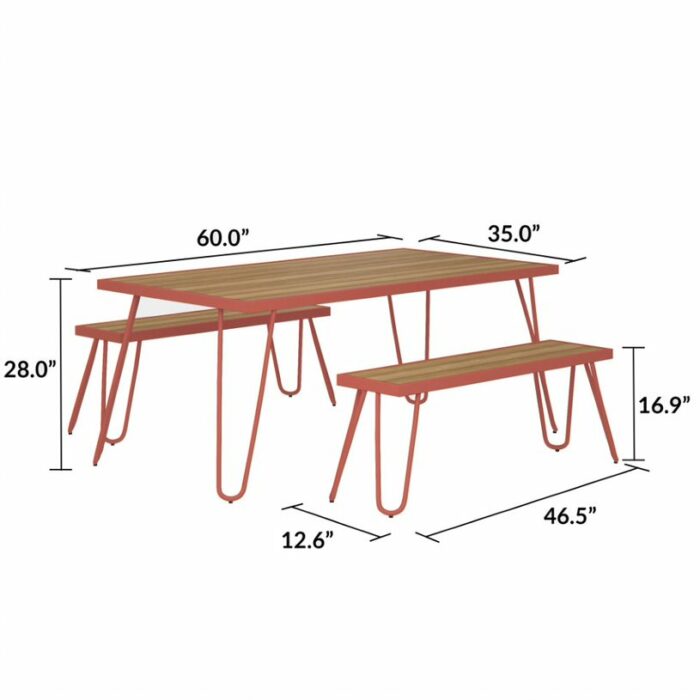 Novogratz Paulette Outdoor/Indoor 5' Table and Bench Set, Metal Frame Resin Wood Effect Top - Red-21951