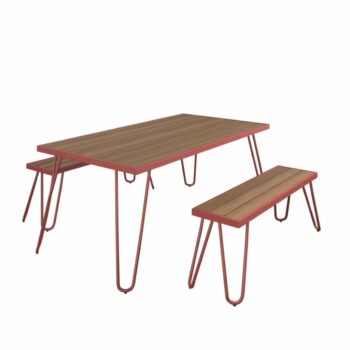 Novogratz Paulette Outdoor/Indoor 5' Table and Bench Set, Metal Frame Resin Wood Effect Top - Red-0