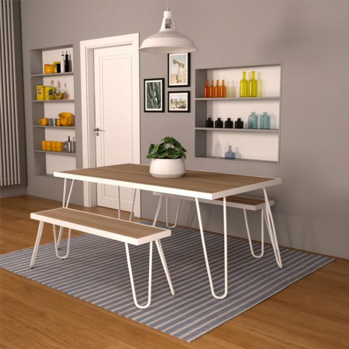Novogratz Paulette Outdoor/Indoor 5' Table and Bench Set, Metal Frame Resin Wood Effect Top - White-21963