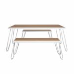 Novogratz Paulette Outdoor/Indoor 5' Table and Bench Set, Metal Frame Resin Wood Effect Top - White-21962