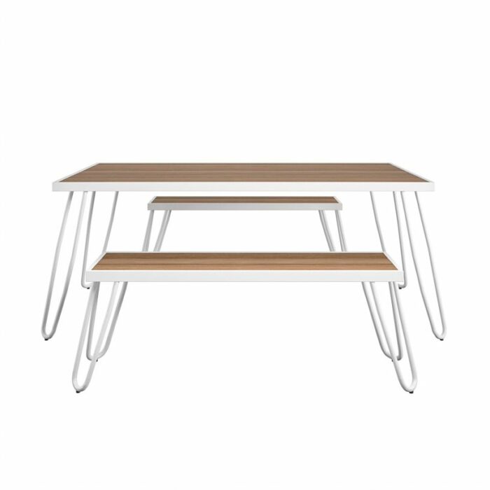 Novogratz Paulette Outdoor/Indoor 5' Table and Bench Set, Metal Frame Resin Wood Effect Top - White-21962
