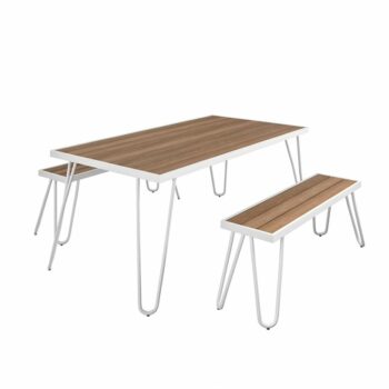 Novogratz Paulette Outdoor/Indoor 5' Table and Bench Set, Metal Frame Resin Wood Effect Top - White-0