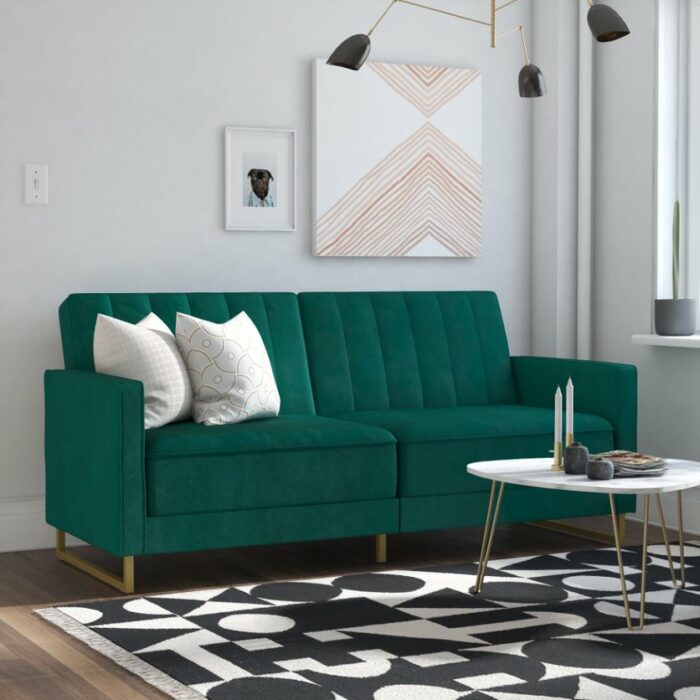Novogratz Skylar Green Velvet Pocket Sprung Futon Sofa bed-21984
