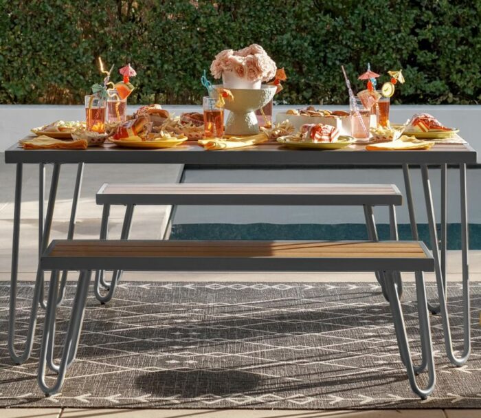 Novogratz Paulette Outdoor/Indoor 5' Table and Bench Set, Metal Frame Resin Wood Effect Top - charcoal-21931