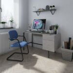 Dams Delphi home office workstation with integrated pedestal – Concrete grey with black frame-22141