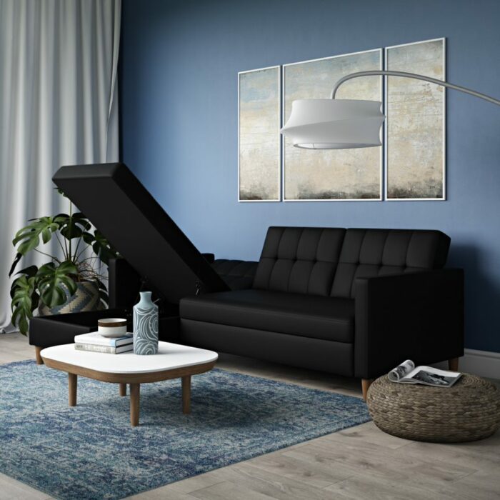 DOREL Hartford Sectional Storage Sofa Bed with Ottoman Chaise Black Faux Leather-22263