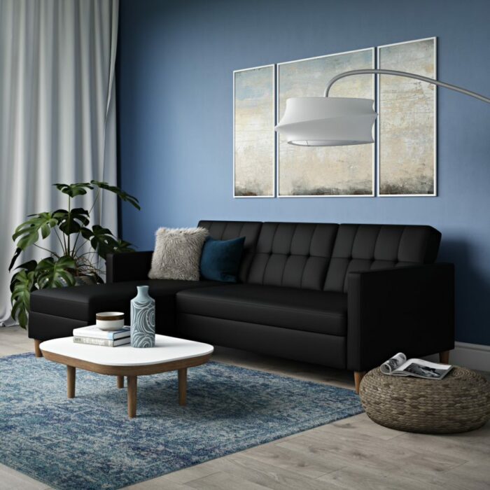 DOREL Hartford Sectional Storage Sofa Bed with Ottoman Chaise Black Faux Leather-22262