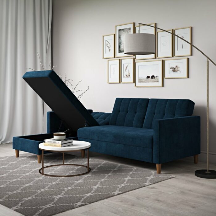DOREL Hartford Sectional Storage Sofa Bed with Ottoman Chaise Blue Chenille-22288
