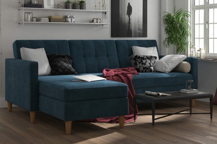 DOREL Hartford Sectional Storage Sofa Bed with Ottoman Chaise Blue Chenille-22284