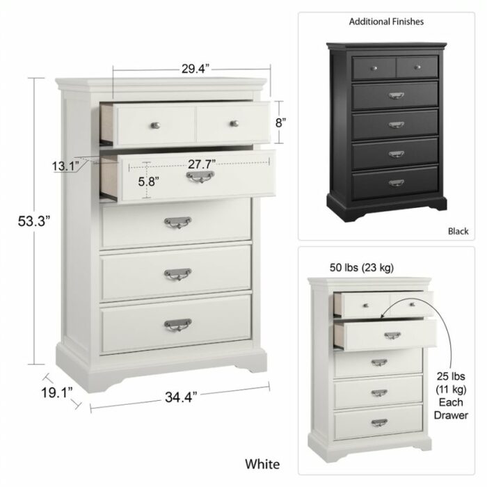 Dorel Bristol 5 Drawer Dresser in Painted White MDF-22393