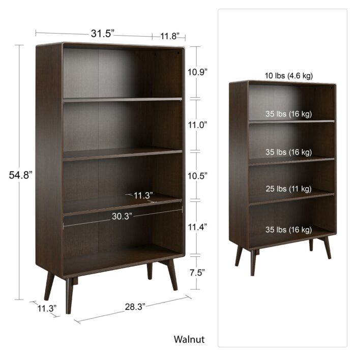 Novogratz Brittany Retro 4 Shelf Bookcase in Walnut Wood Veneer-22657