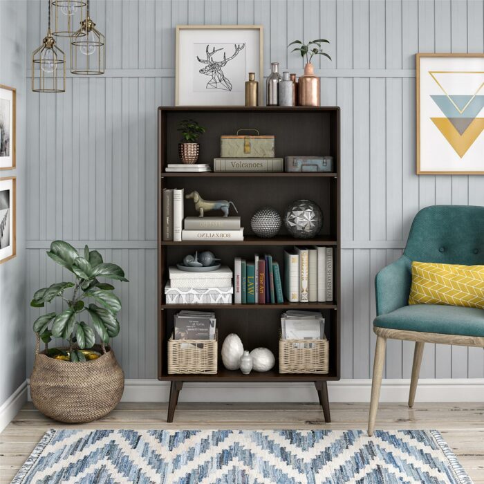 Novogratz Brittany Retro 4 Shelf Bookcase in Walnut Wood Veneer-22659