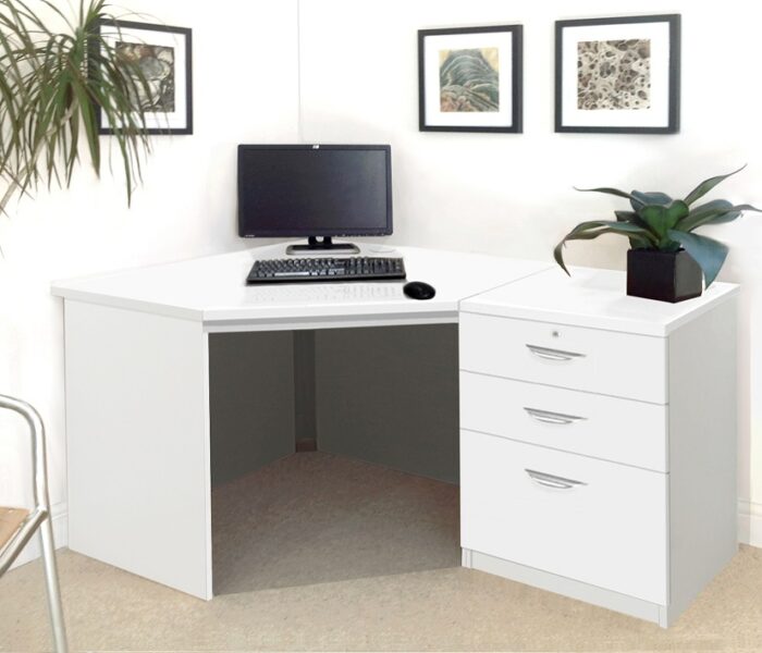rwhites Set 7 Corner Desk with 2 plus 1 filing Drawer Pedestal Satin White - Pre-assembled-0