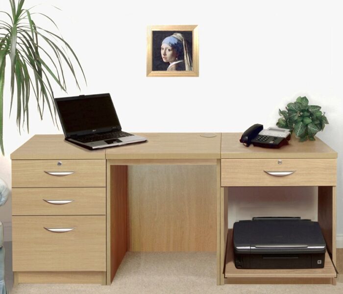 rwhites Set 8 Desk with Printer Storage & 3 drawer Pedestal Classic Oak - Pre-assembled-0