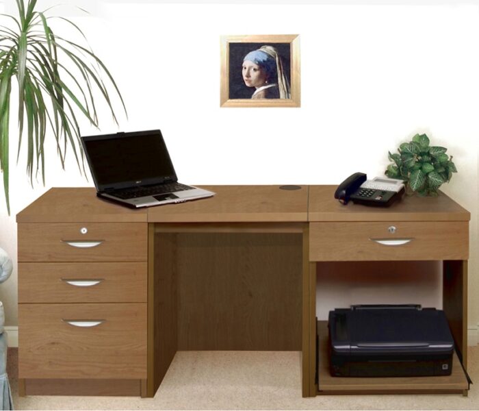 rwhites Set 8 Desk with Printer Storage & 3 drawer Pedestal English Oak - Pre-assembled-0