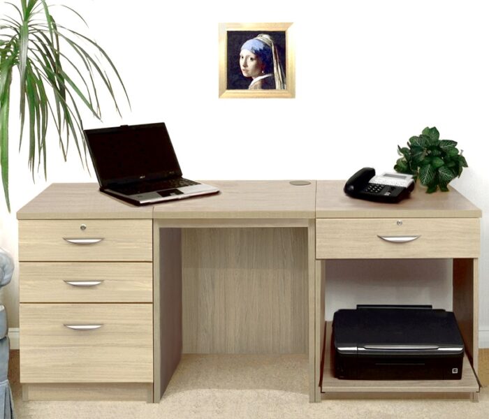 rwhites Set 8 Desk with Printer Storage & 3 drawer Pedestal Sandstone - Pre-assembled-0