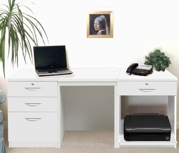 rwhites Set 8 Desk with Printer Storage & 3 drawer Pedestal White - Pre-assembled-0